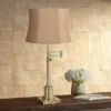 360 Lighting Traditional Swing Arm Desk Table Lamp Adjustable Height 36" Tall Antique Brass Natural Burlap Fabric Drum Shade Living Room