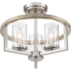 Possini Euro Design Senna Modern Industrial Ceiling Light Semi Flush Mount Fixture 15" Wide Brushed Nickel Gray Wood 3-Light Clear Glass For Bedroom -Adesso Sales Store GUEST 08a6d6bd 0bbb 4c6e a704 3432667d795f