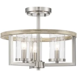 Possini Euro Design Senna Modern Industrial Ceiling Light Semi Flush Mount Fixture 15" Wide Brushed Nickel Gray Wood 3-Light Clear Glass For Bedroom -Adesso Sales Store GUEST 08dd1794 0813 479b a383 aeb04b0df2ca
