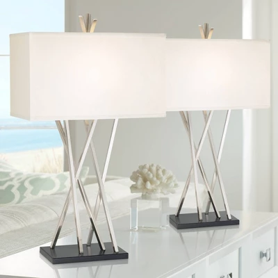 Possini Euro Design Modern Table Lamps 30" Tall Set Of 2 Brushed Steel Black White Linen Rectangular Shade For Living Room Family Bedroom 1 Possini Euro Design Modern Table Lamps 30" Tall Set Of 2 Brushed Steel Black White Linen Rectangular Shade For Living Room Family Bedroom