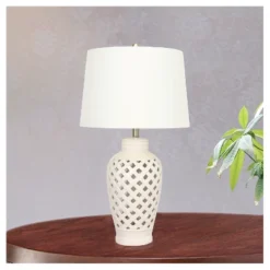 Ceramic Table Lamp With Lattice Design - White (26")