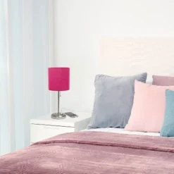 19.5" Bedside USB Port Feature Metal Table Desk Lamp Brushed Steel With Pink Fabric Shade - Creekwood Home -Adesso Sales Store GUEST 1fa52e27 b906 498b 81bb 3d14bd8b7ba6