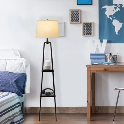 58" Etagere Floor Lamp With Shelves/Beige Linen Shade Black - Cresswell Lighting 10 58" Etagere Floor Lamp With Shelves/Beige Linen Shade Black - Cresswell Lighting - Image 10