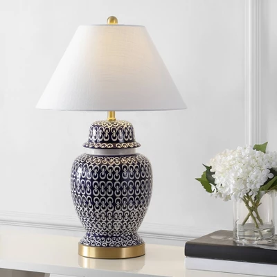28.5" Ceramic/Iron Coastal Modern Table Lamp Blue/White (Includes LED Light Bulb) - JONATHAN Y 1 28.5" Ceramic/Iron Coastal Modern Table Lamp Blue/White (Includes LED Light Bulb) - JONATHAN Y
