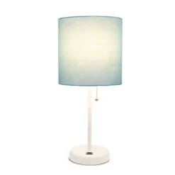 19.5" Bedside USB Port Feature Metal Table Desk Lamp White With Aqua Blue Fabric Shade - Creekwood Home