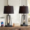 Franklin Iron Works Kacey Industrial Table Lamps 25 1/4" High Set Of 2 Dark Metal With USB LED Nightlight Black Faux Silk Shade For Living Room Desk