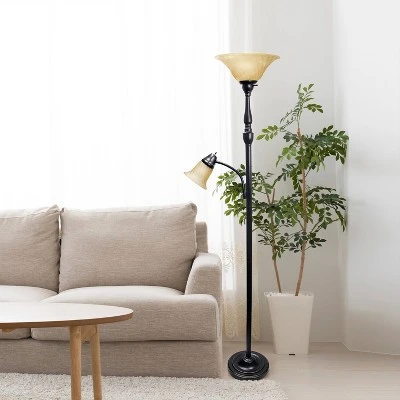 Torchiere Floor Lamp With Reading Light And Marble Glass Shades Restoration Bronze And Amber - Lalia Home 3 Torchiere Floor Lamp With Reading Light And Marble Glass Shades Restoration Bronze And Amber - Lalia Home - Image 3