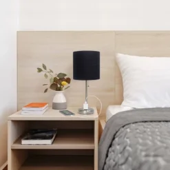 19.5" Bedside Power Outlet Base Metal Table Desk Lamp Brushed Steel With Fabric Shade Black - Creekwood Home -Adesso Sales Store GUEST 2c315ef3 229f 40ae ba56 1a36504925f3