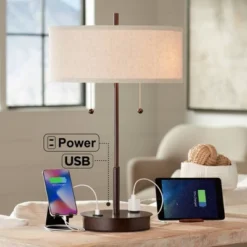 360 Lighting Modern Accent Table Lamp With USB And AC Power Outlet 23 1/2" High Bronze Fabric Drum Shade For Bedroom Living Room House Desk Bedside