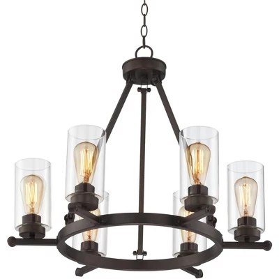 Franklin Iron Works Holman Bronze Wagon Wheel Chandelier 26 3/4" Wide Rustic Farmhouse Clear Glass 6-Light Fixture For Dining Room Kitchen Island Home 5 Franklin Iron Works Holman Bronze Wagon Wheel Chandelier 26 3/4" Wide Rustic Farmhouse Clear Glass 6-Light Fixture For Dining Room Kitchen Island Home - Image 5