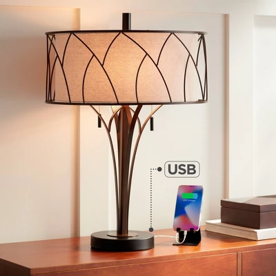 Franklin Iron Works Sydney Modern Mid Century Table Lamp 26" High Bronze With USB Charging Port Oatmeal Drum Shade For Bedroom Living Room Office Desk 1 Franklin Iron Works Sydney Modern Mid Century Table Lamp 26" High Bronze With USB Charging Port Oatmeal Drum Shade For Bedroom Living Room Office Desk