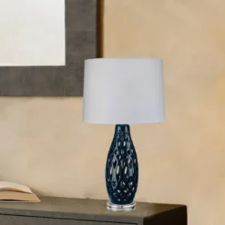 Filigree Ceramic Table Lamp With Cone Linen Shade Blue - Splendor Home -Adesso Sales Store GUEST 3b6d89a7 8fc7 440d a706 345d5cc830be