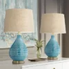 360 Lighting Modern Table Lamps 24" High Set Of 2 Coastal Ceramic Sky Blue Glaze Linen Fabric Drum Shade For Living Room Family Bedroom