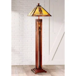 Robert Louis Tiffany Mission Floor Lamp With Nightlight 62.5" Tall Walnut Wood Column Stained Glass Shade For Living Room Reading Bedroom