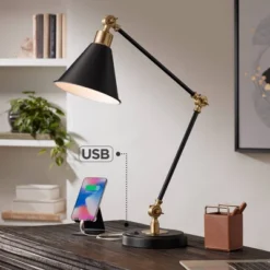 360 Lighting Modern Industrial Desk Table Lamp With USB Charging Port Adjustable 26.75" High Black Antique Brass For Bedroom Bedside Office