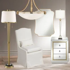 Possini Euro Design Palisade Modern Floor Lamp 64" Tall Satin Brass Metal Trimmed Fabric Tapered Drum Shade For Living Room Bedroom Office House Home -Adesso Sales Store GUEST 45a75617 3c77 4b91 8482 5edd51006478