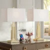 360 Lighting Sonia Modern Table Lamps 29 1/2" Tall Set Of 2 Gold Metal With Dual USB Charging Ports White Rectangular Shade For Bedroom Living Room