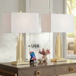 360 Lighting Sonia Modern Table Lamps 29 1/2" Tall Set Of 2 Gold Metal With Dual USB Charging Ports White Rectangular Shade For Bedroom Living Room
