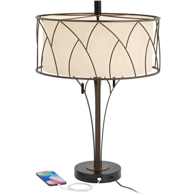 Franklin Iron Works Sydney Modern Mid Century Table Lamp 26" High Bronze With USB Charging Port Oatmeal Drum Shade For Bedroom Living Room Office Desk 2 Franklin Iron Works Sydney Modern Mid Century Table Lamp 26" High Bronze With USB Charging Port Oatmeal Drum Shade For Bedroom Living Room Office Desk - Image 2
