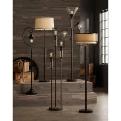 Franklin Iron Works Alamo Industrial Rustic Floor Lamp 62" Tall Bronze Metal Sheer Organza Outer Linen Fabric Inner Double Drum Shade For Living Room -Adesso Sales Store GUEST 5d8403a1 0e77 40ee 8da4 56499e1ba67e