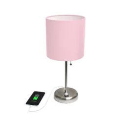 19.5" Bedside USB Port Feature Metal Table Desk Lamp Brushed Steel With Light Pink Fabric Shade - Creekwood Home -Adesso Sales Store GUEST 69144cb4 0980 4b78 bbaa ac7d98b330b0