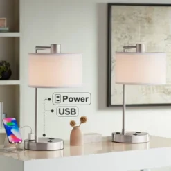 360 Lighting Colby Modern Desk Lamps 21" High Set Of 2 Brushed Nickel With USB And AC Power Outlet In Base White Linen Drum Shade For Bedroom Office