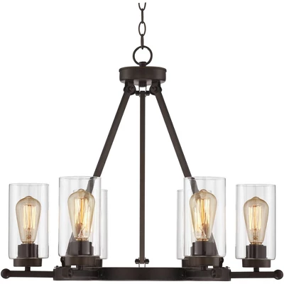 Franklin Iron Works Holman Bronze Wagon Wheel Chandelier 26 3/4" Wide Rustic Farmhouse Clear Glass 6-Light Fixture For Dining Room Kitchen Island Home 4 Franklin Iron Works Holman Bronze Wagon Wheel Chandelier 26 3/4" Wide Rustic Farmhouse Clear Glass 6-Light Fixture For Dining Room Kitchen Island Home - Image 4