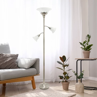 Torchiere Floor Lamp With 2 Reading Lights And Scalloped Glass Shades Metallic Silver - Lalia Home 2 Torchiere Floor Lamp With 2 Reading Lights And Scalloped Glass Shades Metallic Silver - Lalia Home - Image 2