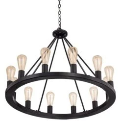 Franklin Iron Works Lacey Black Wagon Wheel Chandelier 28" Wide Industrial 12-Light LED Fixture For Dining Room House Foyer Kitchen Island Entryway -Adesso Sales Store GUEST 736f9068 a61b 4518 9f50 fabf5a24123b