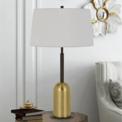 30" Metal Rimini Desk Lamp With Linen Drum Shade Black/Antique Brass - Cal Lighting