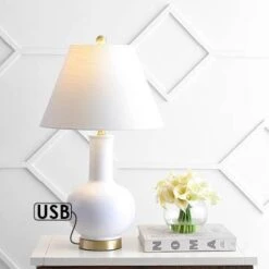 27" Ceramic/Iron Han Contemporary USB Charging Table Lamp (Includes LED Light Bulb) White/Brass - JONATHAN Y