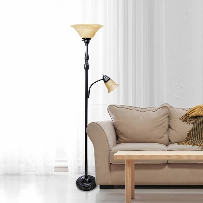 Torchiere Floor Lamp With Reading Light And Marble Glass Shades Restoration Bronze And Amber - Lalia Home 2 Torchiere Floor Lamp With Reading Light And Marble Glass Shades Restoration Bronze And Amber - Lalia Home - Image 2