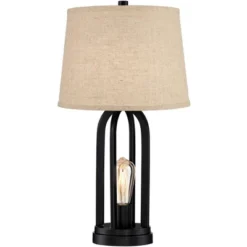 360 Lighting Marcel Industrial Table Lamps 24 1/4" High Set Of 2 Black With USB Port LED Nightlight Burlap Drum Shade For Bedroom Living Room Desk -Adesso Sales Store GUEST 85d8803d 9835 4606 831b 7090d5efa50a