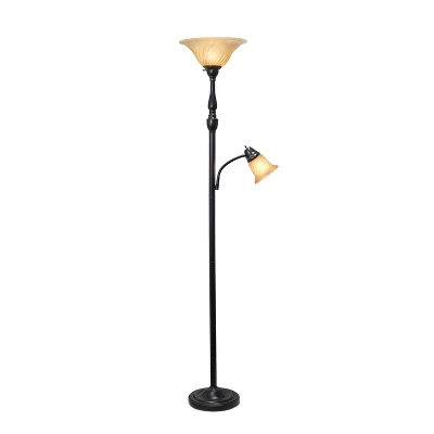 Torchiere Floor Lamp With Reading Light And Marble Glass Shades Restoration Bronze And Amber - Lalia Home 1 Torchiere Floor Lamp With Reading Light And Marble Glass Shades Restoration Bronze And Amber - Lalia Home