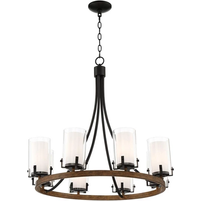 Stiffel Black Wood Wagon Wheel Chandelier 29 1/2" Wide Industrial Clear Outer Frosted Inner Glass 8-Light For Dining Room House 7 Stiffel Black Wood Wagon Wheel Chandelier 29 1/2" Wide Industrial Clear Outer Frosted Inner Glass 8-Light For Dining Room House - Image 7