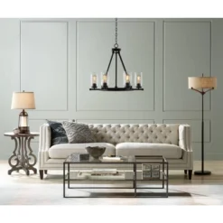 Franklin Iron Works Tremont Mid Century Modern Floor Lamp 62" Tall Deep Bronze Metal Tan Burlap Drum Shade For Living Room Bedroom Office House Home -Adesso Sales Store GUEST 94dd23ae a6bf 43a2 9212 e258b8988bde