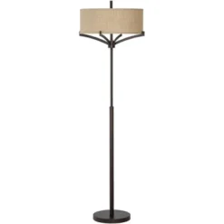 Franklin Iron Works Tremont Mid Century Modern Floor Lamp 62" Tall Deep Bronze Metal Tan Burlap Drum Shade For Living Room Bedroom Office House Home -Adesso Sales Store GUEST 9a156bc6 b529 41bf 8ddb 75892a4907c2