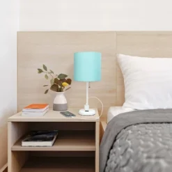 19.5" Bedside Power Outlet Base Metal Table Desk Lamp In White With Aqua Blue Fabric Shade - Creekwood Home -Adesso Sales Store GUEST a5710162 aa86 41e0 88b7 204f955ab3a6