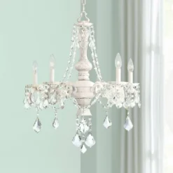 Kathy Ireland Chateau De Conde Antique Rubbed White Pendant Chandelier 26" Wide French Crystal 5-Light Fixture For Dining Room House Kitchen Island