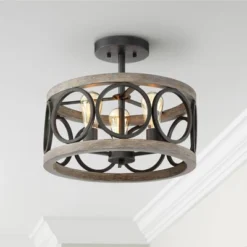 Franklin Iron Works Salima Rustic Farmhouse Ceiling Light Semi Flush Mount 16" Wide Black Gray Wood 3-Light For Bedroom Kitchen Living Room Hallway