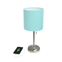 19.5" Bedside USB Port Feature Metal Table Desk Lamp Brushed Steel With Aqua Blue Fabric Shade - Creekwood Home -Adesso Sales Store GUEST af0fcb74 256f 4c50 a804 545b5ead6153