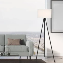 61.25" Metal Tripod Floor Lamp With Linen Shade Black/White - Cresswell Lighting -Adesso Sales Store GUEST af405096 14d2 4ebf bdcb bf98d88ae816