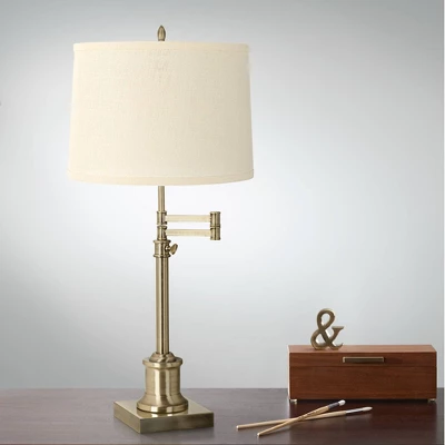 360 Lighting Traditional Swing Arm Desk Table Lamp Adjustable Height 36" Tall Antique Brass Cream Burlap Drum Shade For Living Room Bedroom 1 360 Lighting Traditional Swing Arm Desk Table Lamp Adjustable Height 36" Tall Antique Brass Cream Burlap Drum Shade For Living Room Bedroom