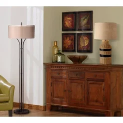 Franklin Iron Works Tristan Modern Floor Lamp 64" Tall Deep Bronze Metal Sheer Outer Linen Inner Double Drum Shade For Living Room Bedroom Office Home -Adesso Sales Store GUEST b9f5b145 d357 4f42 b8fc 2cfb5be67eb9