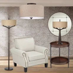 Regency Hill Sylvan Modern Ceiling Light Semi Flush Mount Fixture 14" Wide Bronze 3-Light Oatmeal Fabric Drum Shade For Bedroom Kitchen Living Room -Adesso Sales Store GUEST bf13db88 b0e3 440c 8c47 5d9950a0d8e3