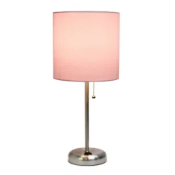 19.5" Bedside Power Outlet Base Metal Table Desk Lamp Brushed Steel With Fabric Shade Light Pink - Creekwood Home