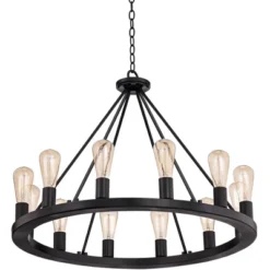 Franklin Iron Works Lacey Black Wagon Wheel Chandelier 28" Wide Industrial 12-Light LED Fixture For Dining Room House Foyer Kitchen Island Entryway -Adesso Sales Store GUEST c79a6d95 8596 4906 8366 8d971d8a1459