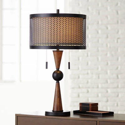Franklin Iron Works Hunter Modern Rustic Farmhouse Table Lamp 29 3/4" Tall Cherry Wood Bronze Metal Double Drum Shade For Bedroom Living Room House 1 Franklin Iron Works Hunter Modern Rustic Farmhouse Table Lamp 29 3/4" Tall Cherry Wood Bronze Metal Double Drum Shade For Bedroom Living Room House