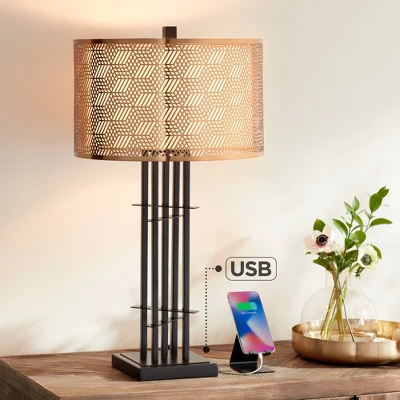 Possini Euro Design Deborah Modern Mid Century Table Lamp 30" Tall Black With USB Charging Port Gold Metal Double Drum Shades For Living Room Desk 1 Possini Euro Design Deborah Modern Mid Century Table Lamp 30" Tall Black With USB Charging Port Gold Metal Double Drum Shades For Living Room Desk