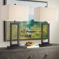 360 Lighting Todd Modern Table Lamps 30" Tall Set Of 2 Bronze With USB And AC Power Outlet In Base Oatmeal Shade For Bedroom Living Room Bedside Desk